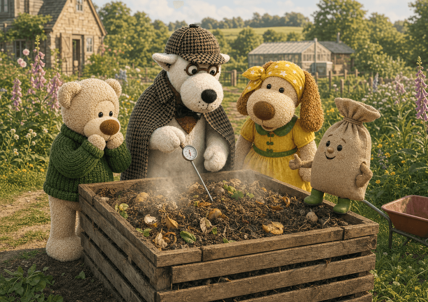 Toby, Tanya, Douglas und der Kompostsack zusammen im Garten